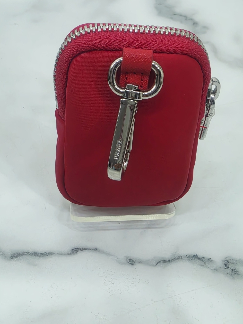 Prada Red Nylon Mini Pouch Keychain Coin Case Small Zip Bag Italy - Picture 5 of 14